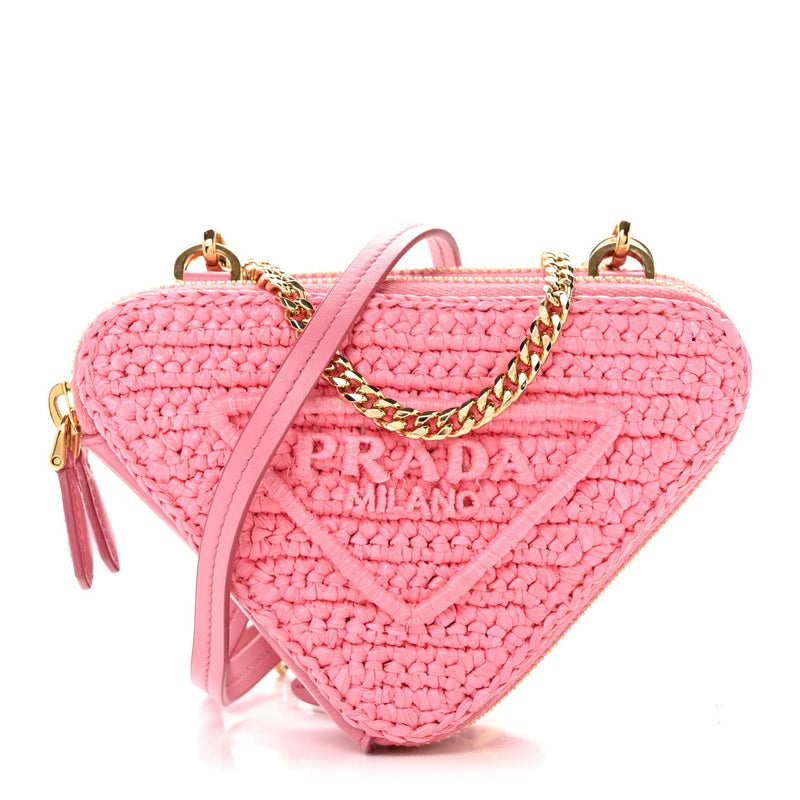 Raffia Calfskin Crochet Logo Embroidered Mini Triangle Pouch Petalo