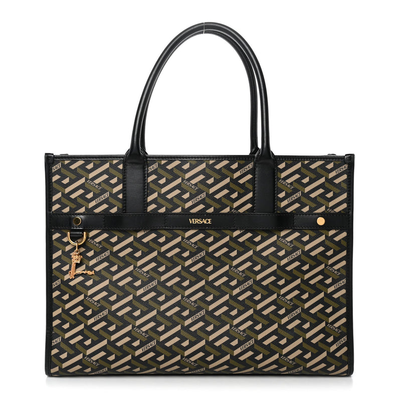 Coated Canvas Calfskin La Greca Signature Tote Bag Black Khaki