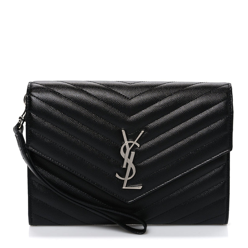 Grain De Poudre Matelasse Chevron Monogram Envelope Clutch Black