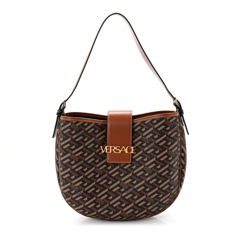 Coated Canvas Calfskin La Greca Signature Shoulder Bag Black Caramel