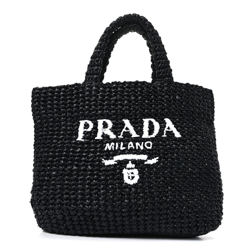 Yarn Raffia Effect Crochet Small Logo Tote Black