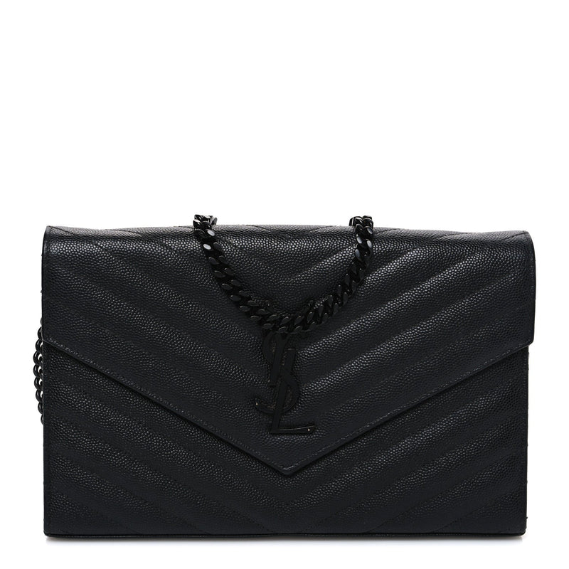 Grain De Poudre Matelasse Chevron Monogram Monochrome Envelope Chain Wallet Black