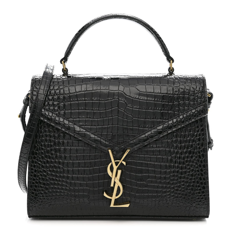 Calfskin Crocodile Embossed Medium Classic Monogram Cassandra Top Handle Black