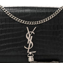 Calfskin Crocodile Embossed Medium Classic Monogram Kate Tassel Satchel Black