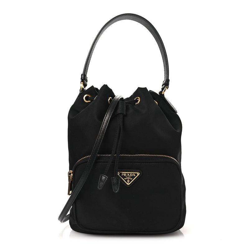 Nylon Vela Saffiano Mini Bucket Crossbody Bag Black
