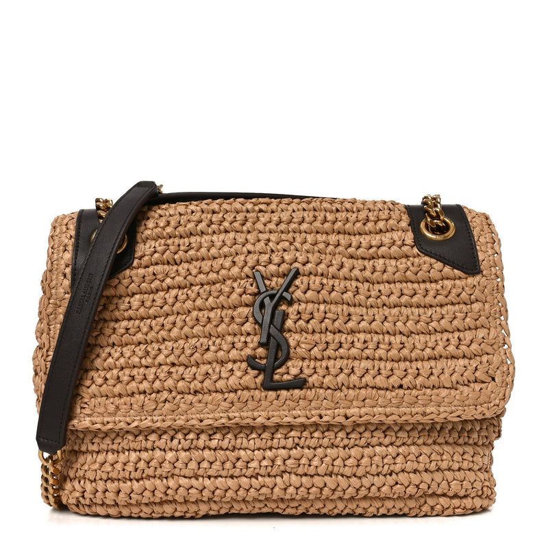 Raffia Calfskin Monogram Medium Niki Chain Satchel Natural