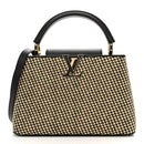 Raffia Calfskin Capucines MM Black Ecru