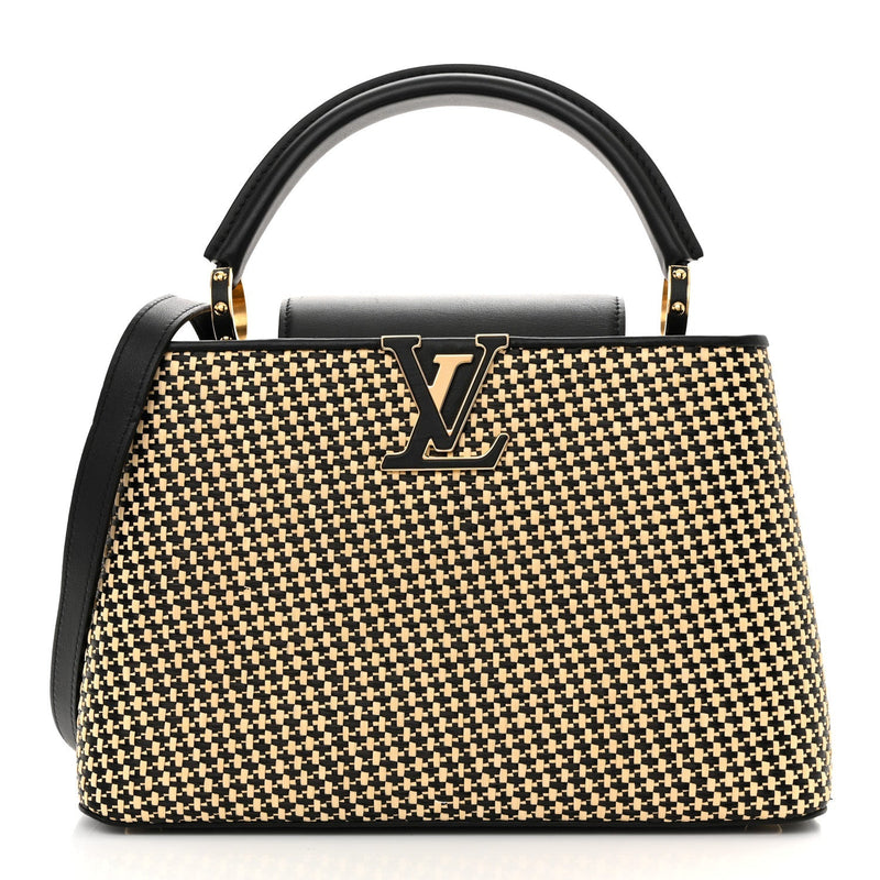 Raffia Calfskin Capucines MM Black Ecru