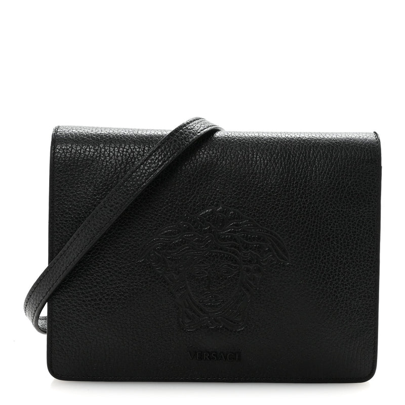 Grained Calfskin Embossed Medusa Flap Bag Black