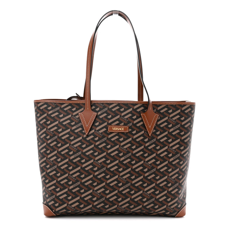 Coated Canvas Calfskin La Greca Signature Shopper Tote Bag Black Caramel