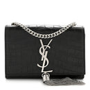Calfskin Crocodile Embossed Small Classic Monogram Kate Tassel Satchel Black