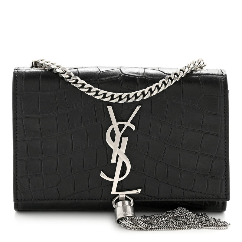 Calfskin Crocodile Embossed Small Classic Monogram Kate Tassel Satchel Black