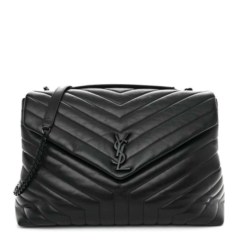 Calfskin Y Quilted Monogram Monochrome Large Loulou Chain Satchel Black