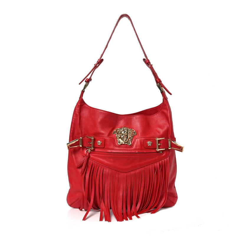 Calfskin Palazzo Fringe Shoulder Bag Red