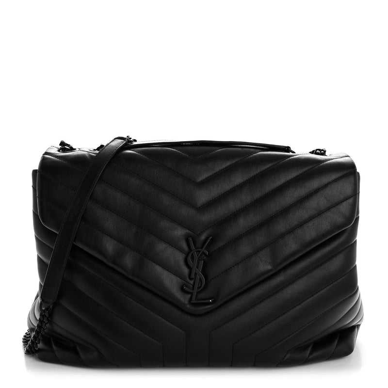Calfskin Y Quilted Monogram Large Loulou Chain Satchel Black