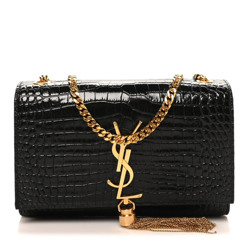 Calfskin Crocodile Embossed Small Classic Monogram Kate Tassel Satchel Black