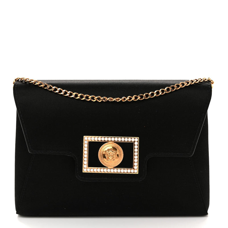 Satin Crystal La Medusa Pouch On Chain Black