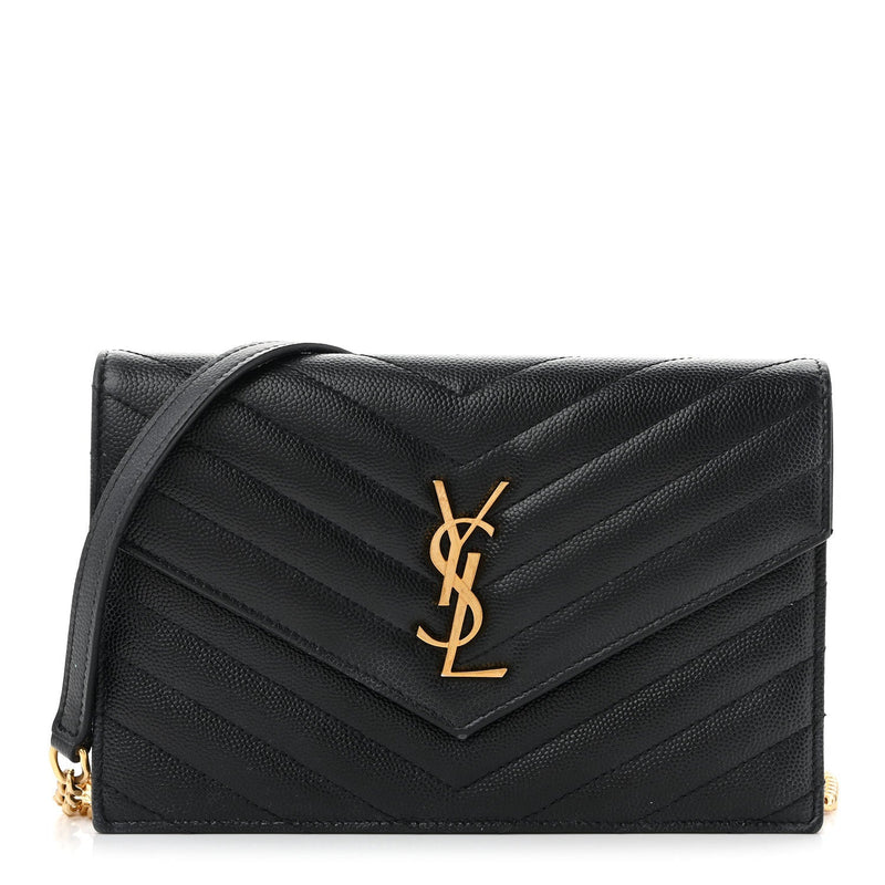 Grain De Poudre Matelasse Chevron Monogram Envelope Chain Wallet Black