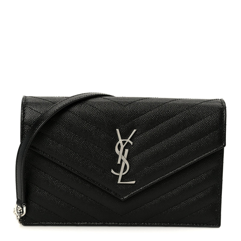 Grain De Poudre Matelasse Chevron Monogram Envelope Chain Wallet Black