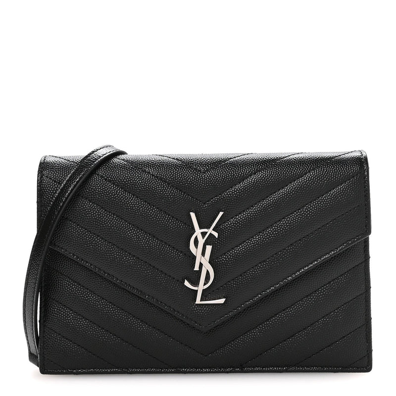 Grain De Poudre Matelasse Chevron Monogram Envelope Chain Wallet Black