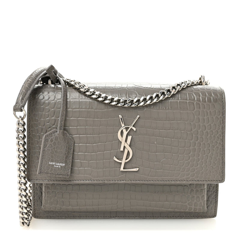 Calfskin Crocodile Embossed Medium Monogram Sunset Fog