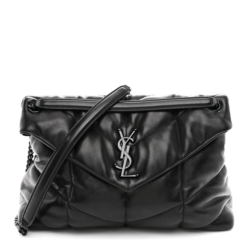 Lambskin Quilted Monogram Monochrome Medium Loulou Puffer Chain Satchel Black