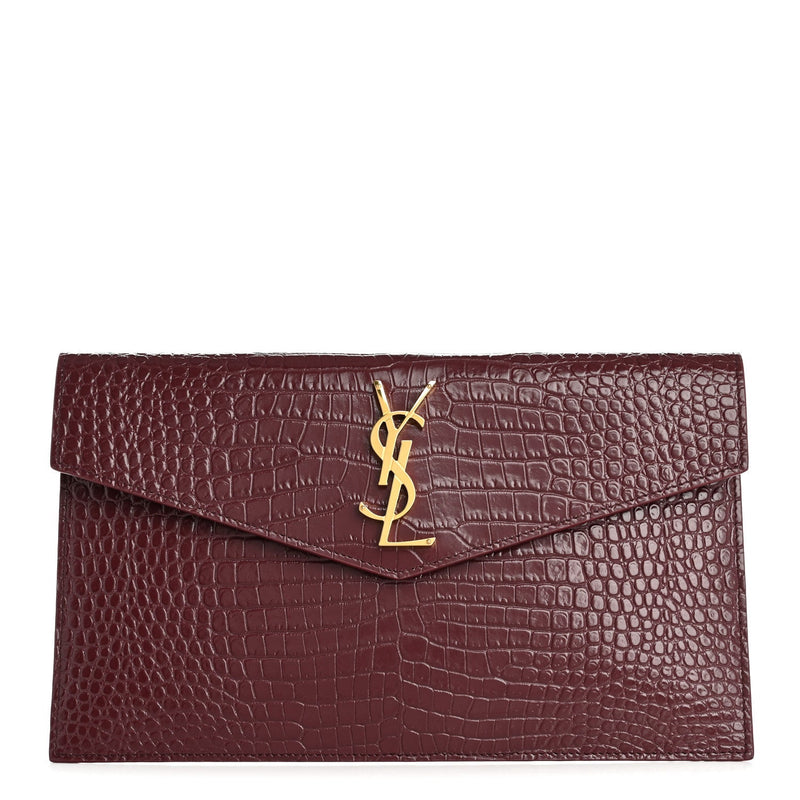 Calfskin Crocodile Embossed Uptown Monogram Clutch Rouge Legion