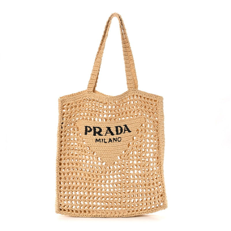 Yarn Raffia Effect Crochet Logo Embroidered Tote Bag Naturale