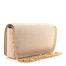 Satin Crystal Medusa Chain Clutch Beige