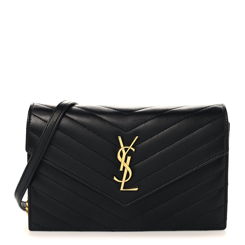 Calfskin Matelasse Chevron Monogram Envelope Chain Wallet Black