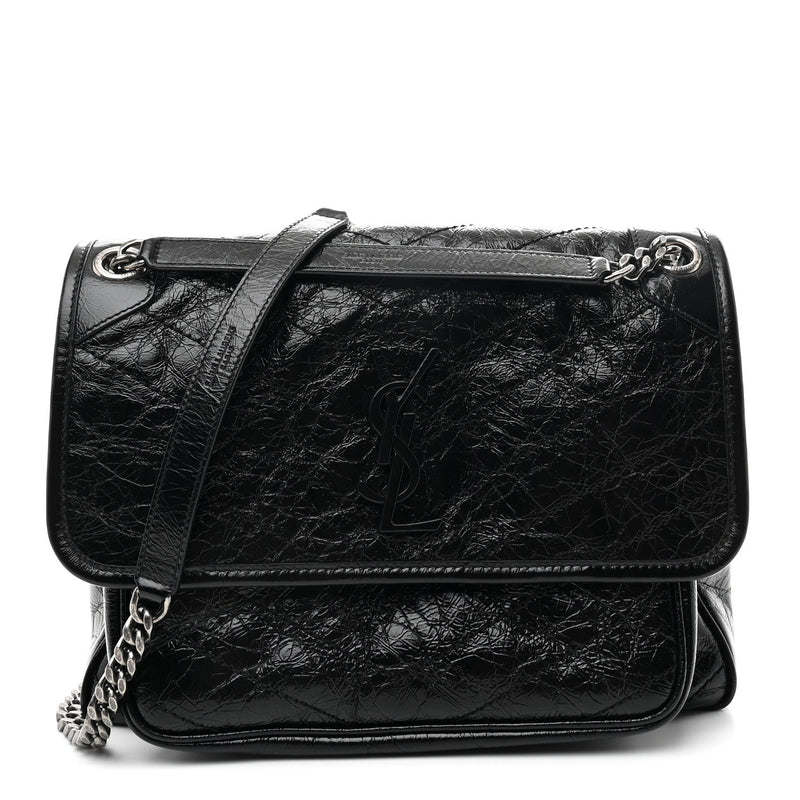Crinkled Calfskin Matelasse Monogram Medium Niki Chain Satchel Black