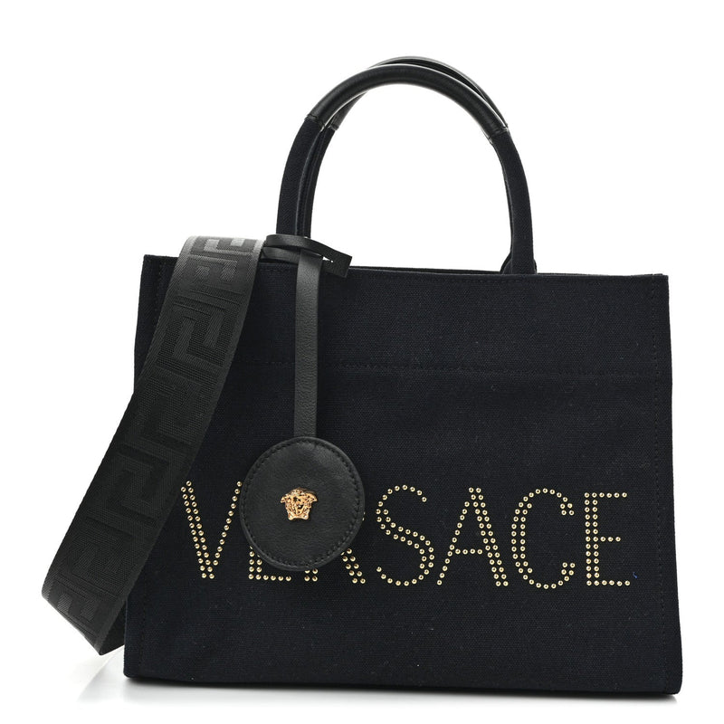 Canvas Studded Small Logo Tote Bag Black