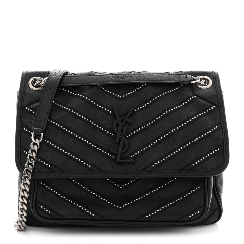 Calfskin Matelasse Monogram Microstud Medium Niki Chain Satchel Black