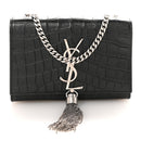 Calfskin Crocodile Embossed Small Classic Monogram Kate Tassel Satchel Black