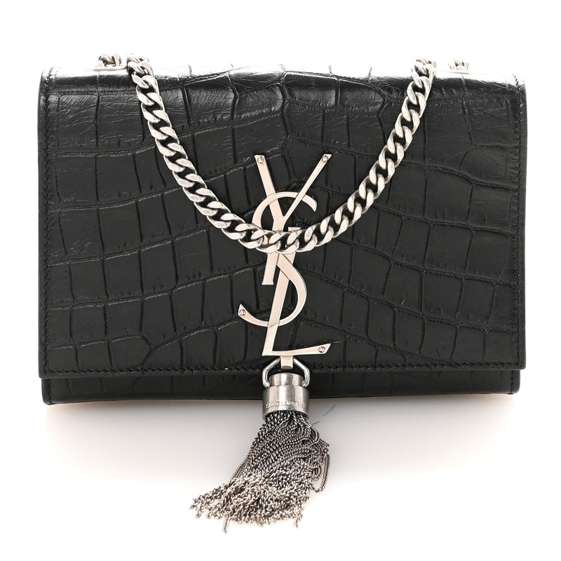 Calfskin Crocodile Embossed Small Classic Monogram Kate Tassel Satchel Black