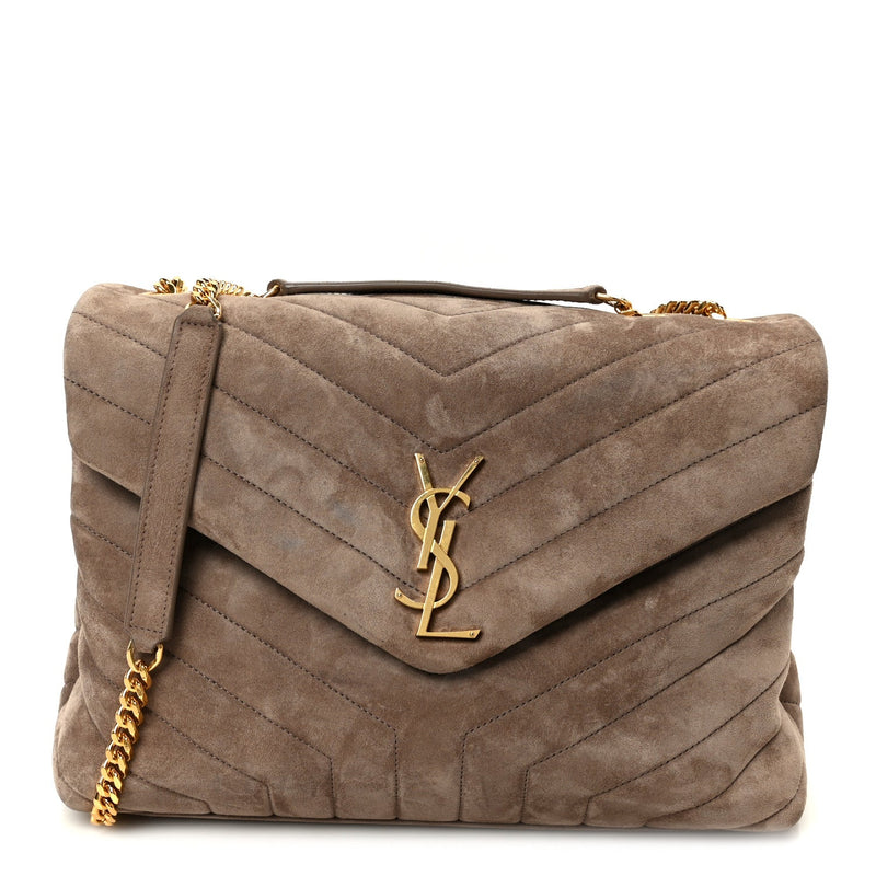Suede Y Quilted Monogram Medium Loulou Chain Satchel Taupe