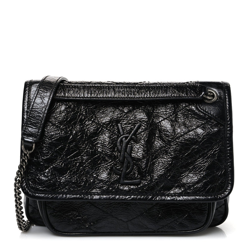 Crinkled Calfskin Matelasse Monogram Baby Niki Chain Satchel Black
