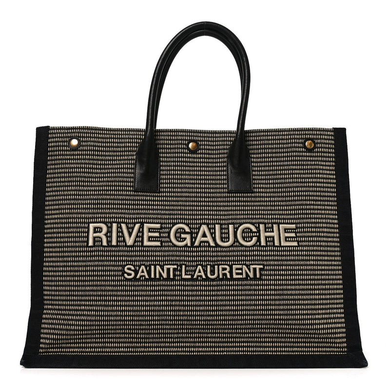 Embroidered Cotton Linen Rive Gauche Noe Tote Black Beige