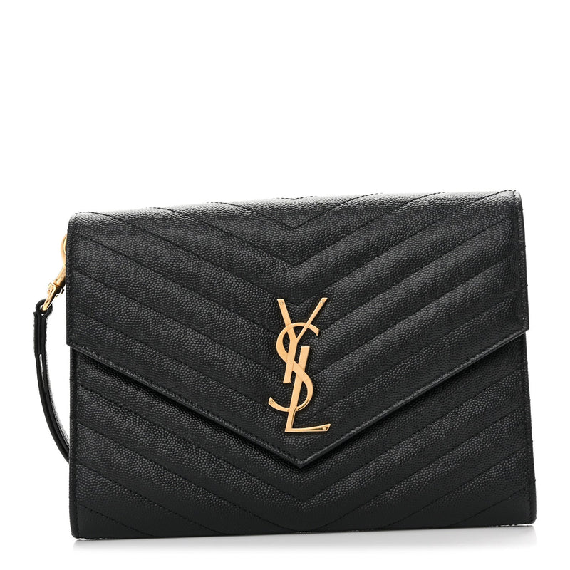 Grain De Poudre Matelasse Chevron Monogram Envelope Clutch Black