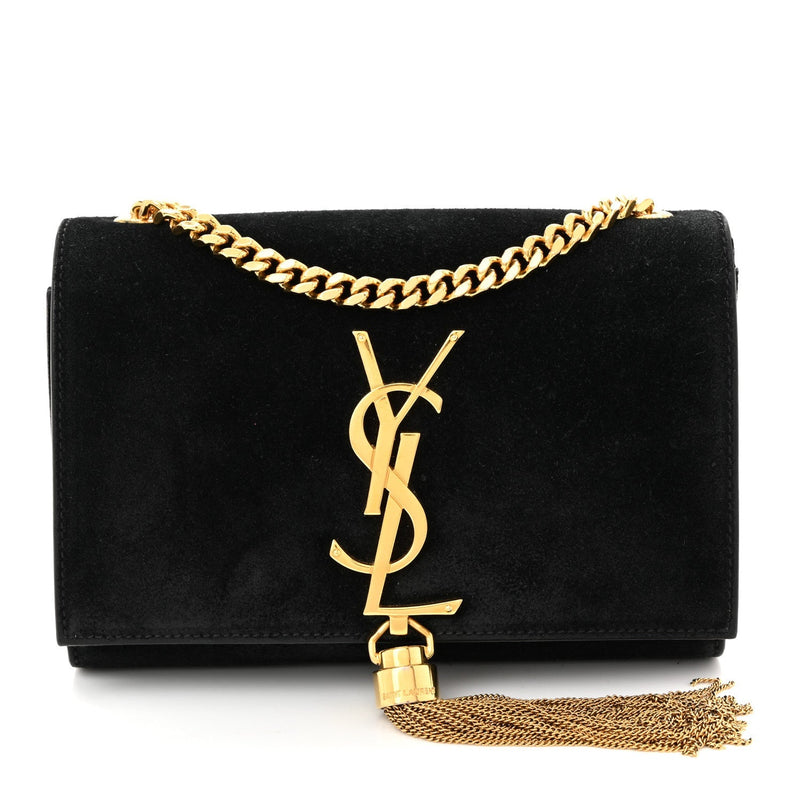 Suede Small Classic Monogram Kate Tassel Satchel Black