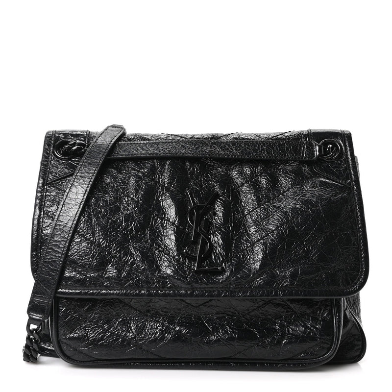 Crinkled Calfskin Matelasse Monogram Medium Niki Chain Satchel Black