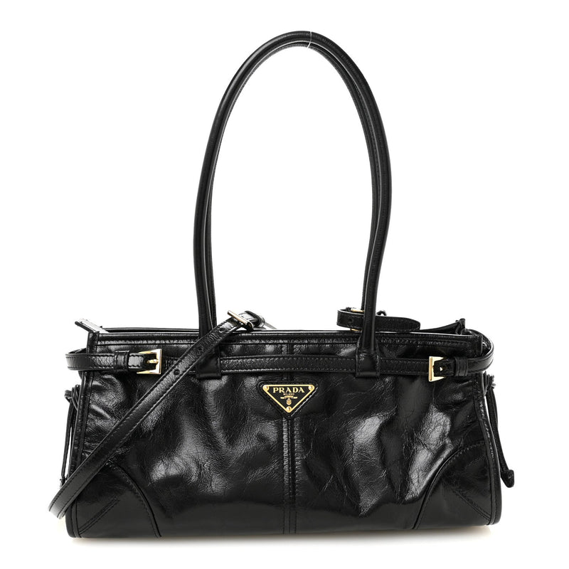 Glossy Calfskin Triangle Medium Bonnie Shoulder Bag Black