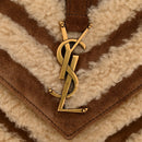 Nubuck Shearling Chevron Monogram Medium College Bag Dark Cigar Natural Beige
