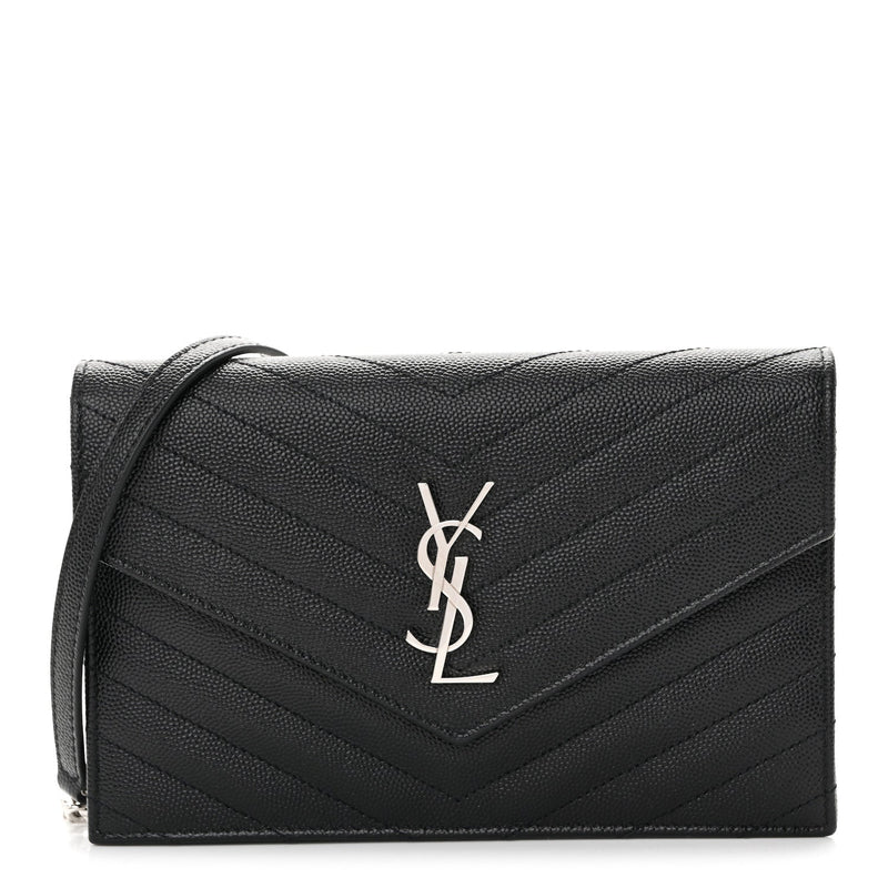 Grain De Poudre Matelasse Chevron Monogram Envelope Chain Wallet Black