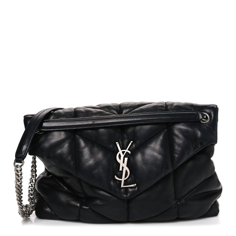 Lambskin Quilted Medium Loulou Puffer Monogram Chain Satchel Black