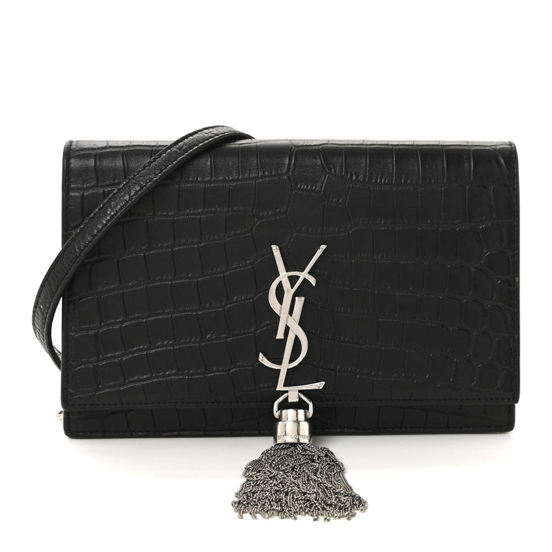 Calfskin Crocodile Embossed Kate Monogram Tassel Chain Wallet Black