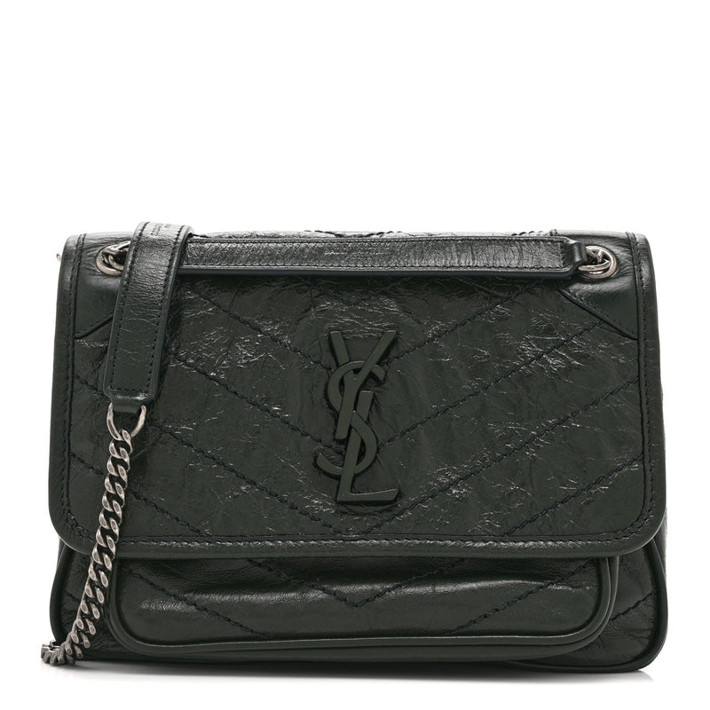 Crinkled Calfskin Matelasse Monogram Baby Niki Chain Satchel Dark Green