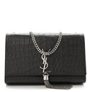Calfskin Crocodile Embossed Medium Classic Monogram Kate Tassel Satchel Storm