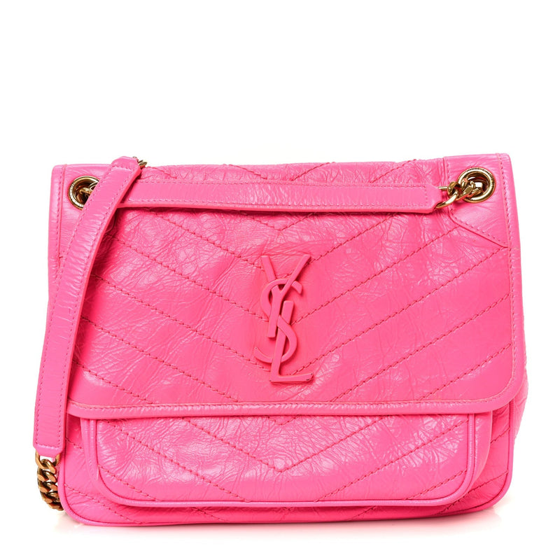 Crinkled Calfskin Matelasse Monogram Medium Niki Chain Satchel Rose Glow