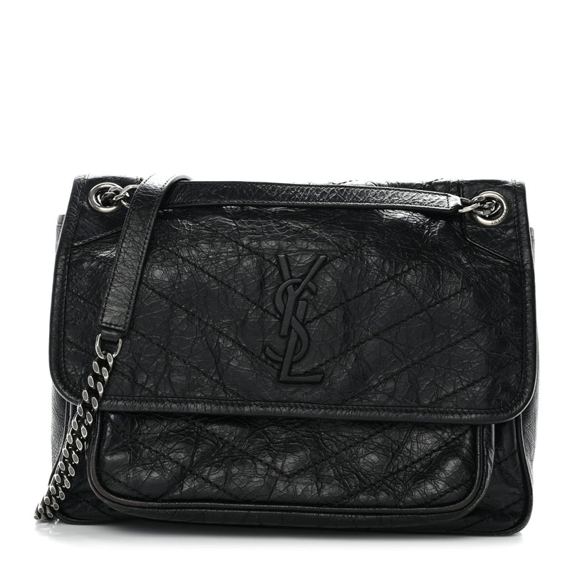 Crinkled Calfskin Matelasse Monogram Medium Niki Chain Satchel Black